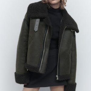 Zara Women's Double Faced Aviator Leather Jacket With Shearling Sherpa Lining